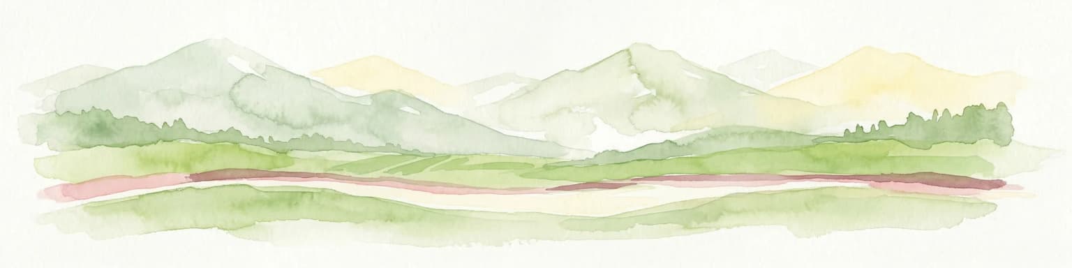 Watercolor painting showing a river valley with mountain ranges in the background and green fields