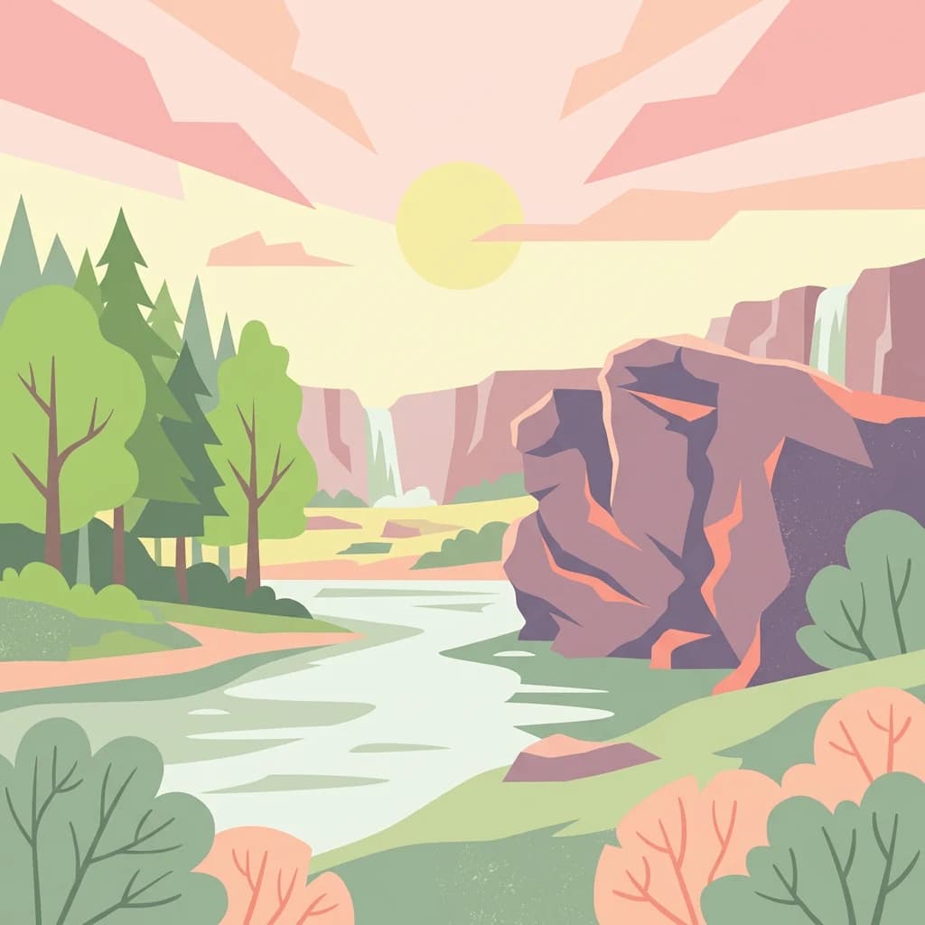 Illustrated landscape showing a river flowing through a valley with rocky cliffs, green trees, and a waterfall under a pink and yellow sunset sky