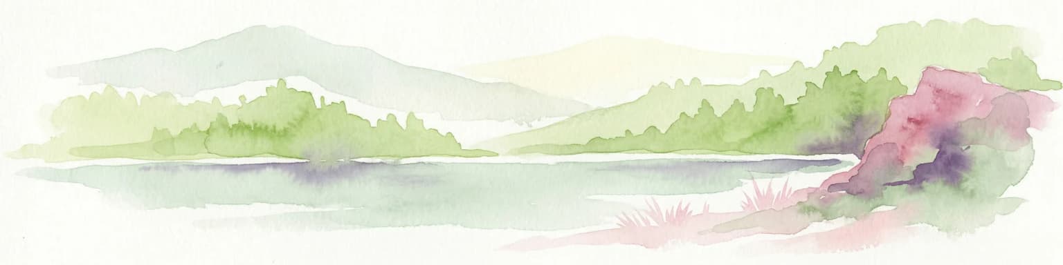 Watercolor illustration of a lake surrounded by green hills and mountains with a pinkish rocky outcrop on the right