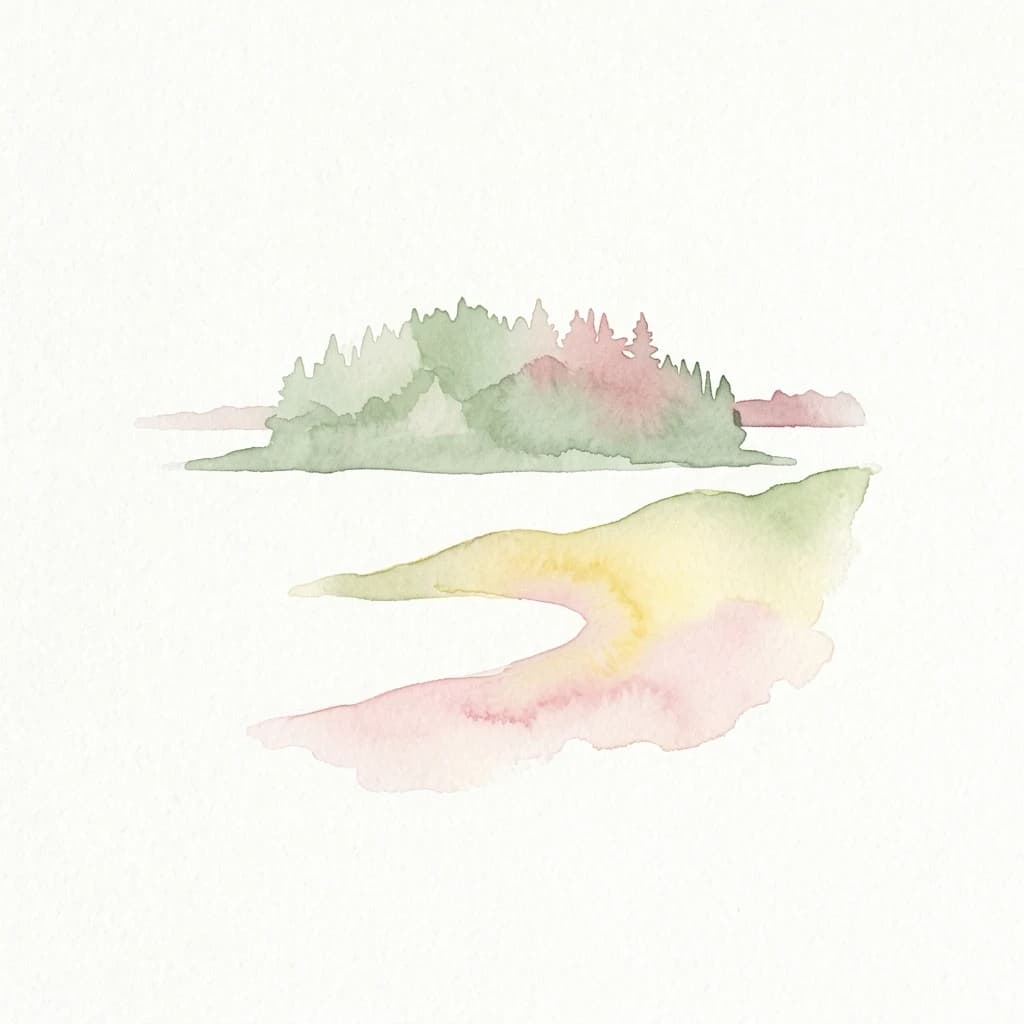 Watercolor painting of a small island with green and pink trees surrounded by a winding body of water on a white background