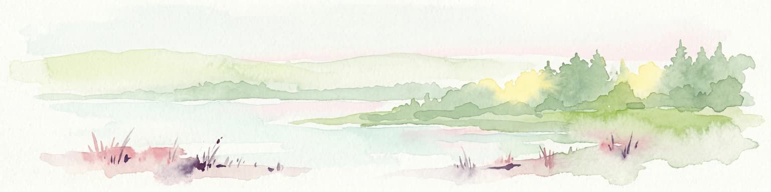 Watercolor painting depicting a lake surrounded by trees and hills under a soft sky