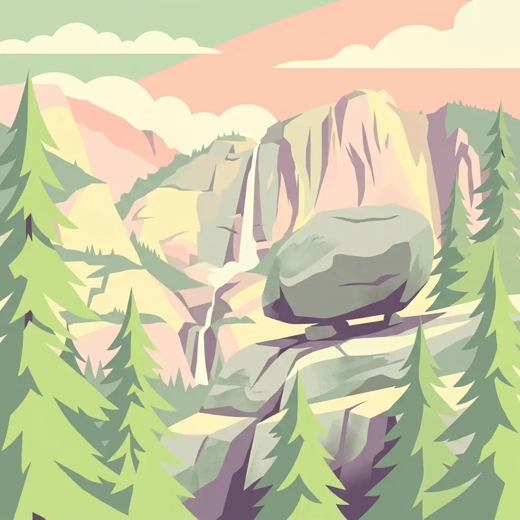 Una ilustración vectorial estilizada que presenta una gran roca equilibrada posada en el borde de un acantilado, rodeada de árboles de hoja perenne y una cascada de montaña a lo lejos.