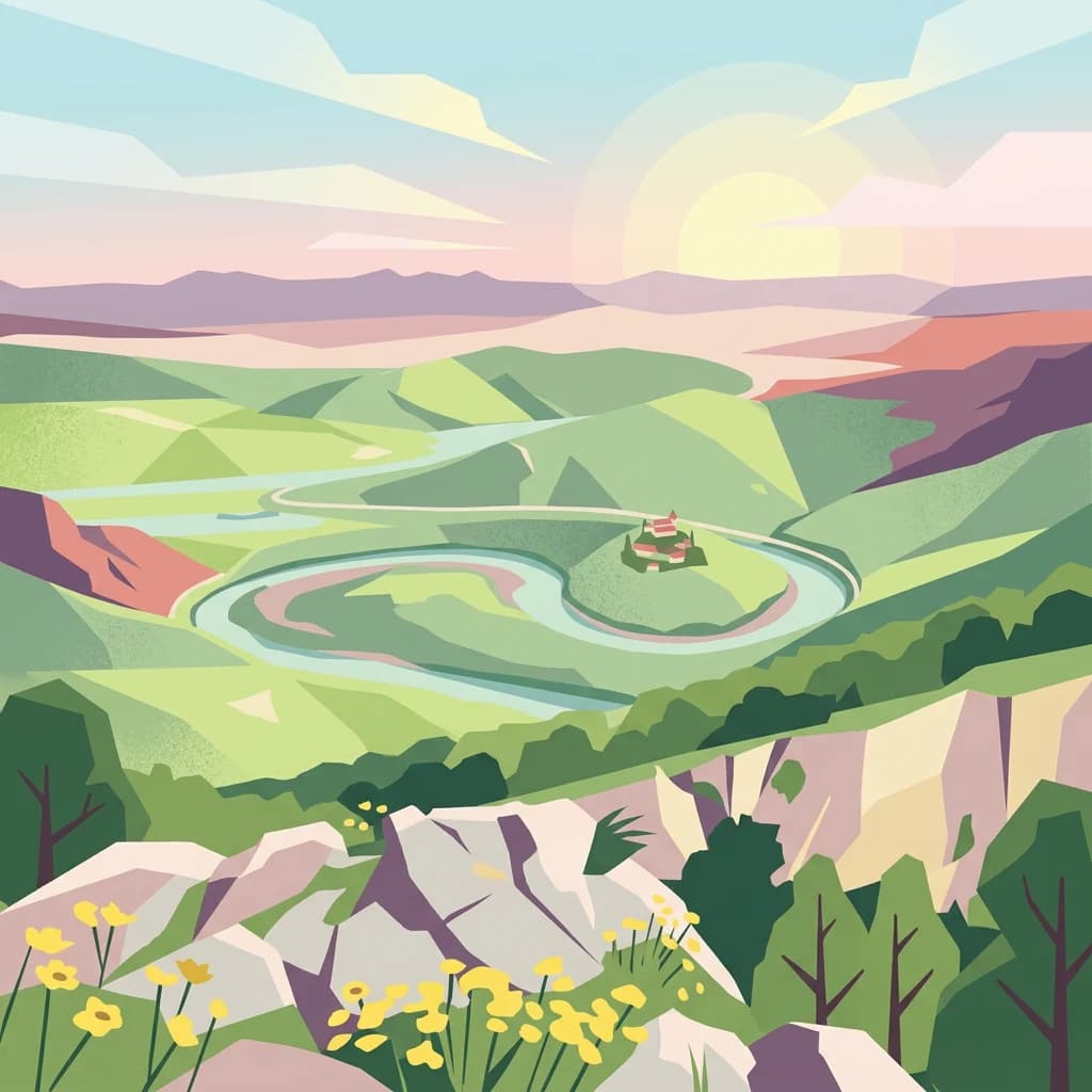 Stylized illustration of green rolling hills, a winding river forming a loop, and a small building on a hill with mountains and a sunset sky in the background.