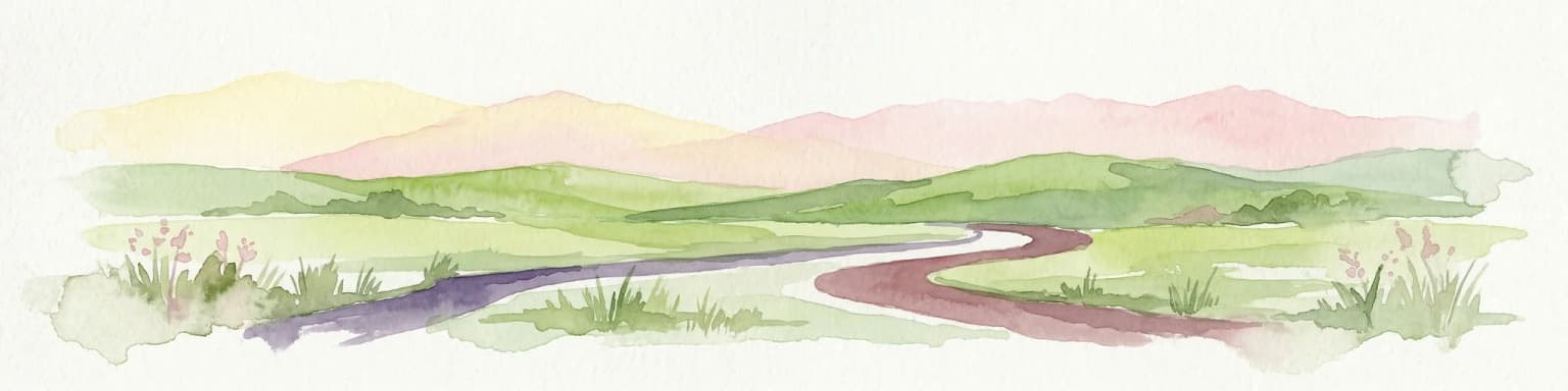 Watercolor illustration depicting a landscape with mountains, a winding river, and grassy fields