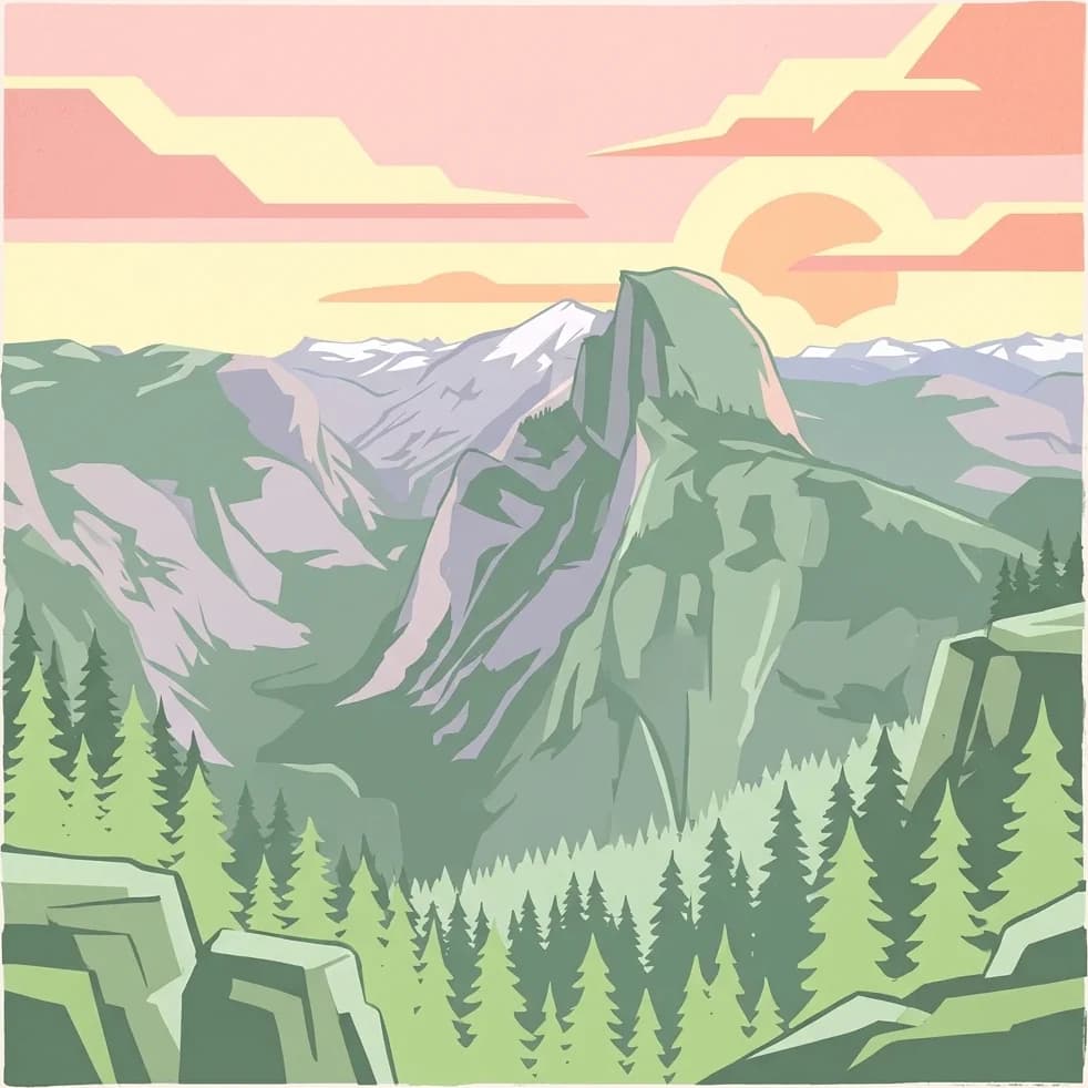Stylized illustration of a mountain landscape with a prominent peak, pine forests, rocky outcrops, and a sunset sky with layered clouds