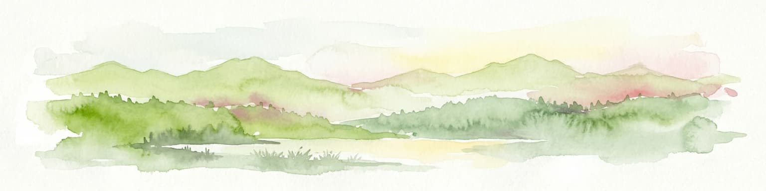 Watercolor painting showing a mountainous landscape with green hills, vegetation, and a valley