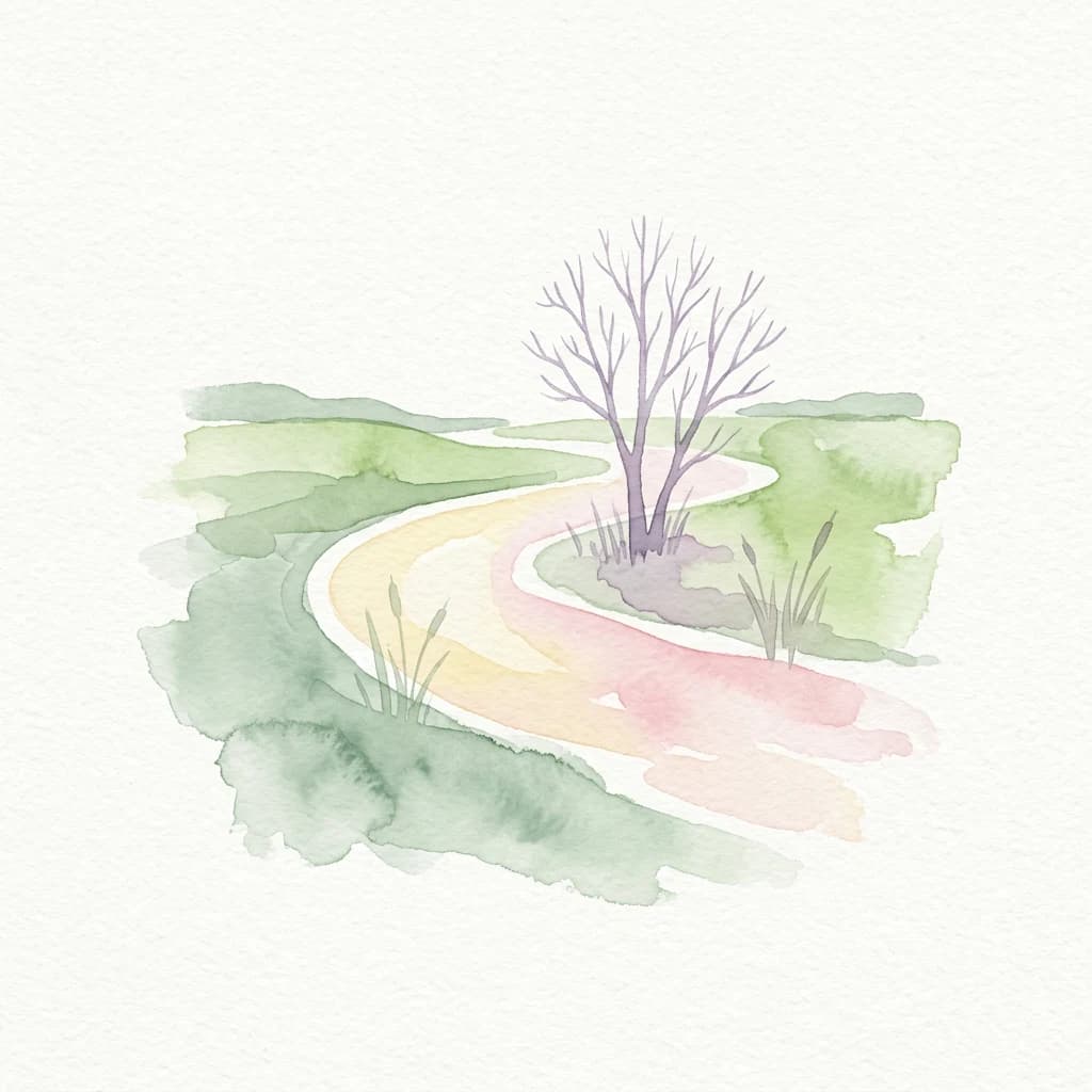 Watercolor illustration showing a curved path through grassy terrain with a leafless tree and reeds