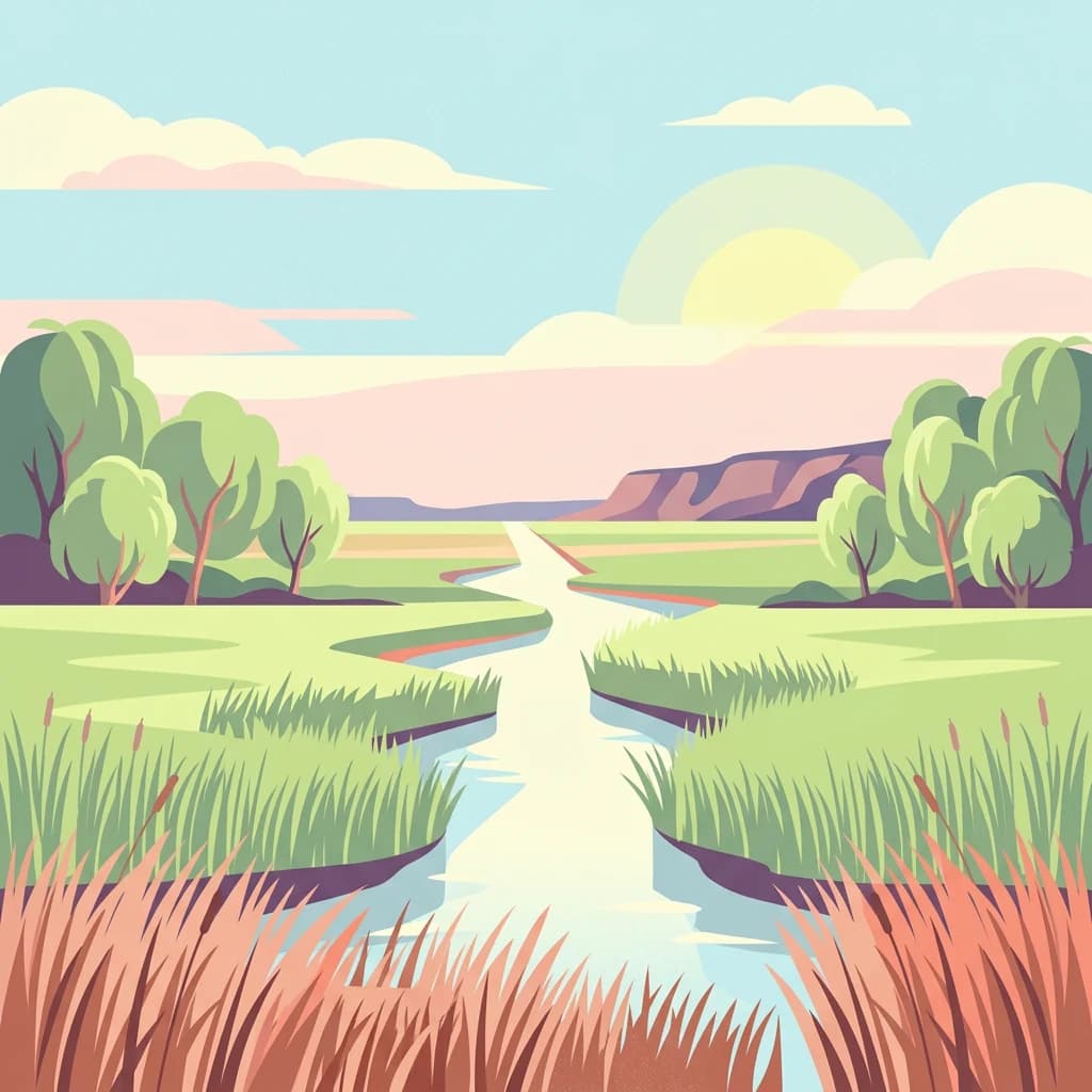 Illustration of a river flowing through grassy wetlands with trees and hills under a partly cloudy sky