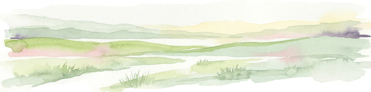 Watercolor illustration showing a river winding through rolling green hills with sparse vegetation