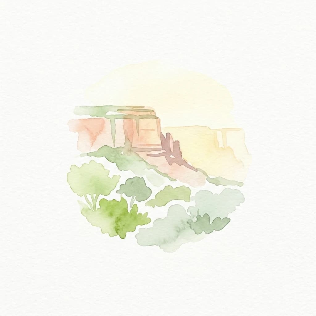 Ilustración acuarela de una meseta con vegetación verde y formaciones rocosas distantes bajo un cielo amarillo suave