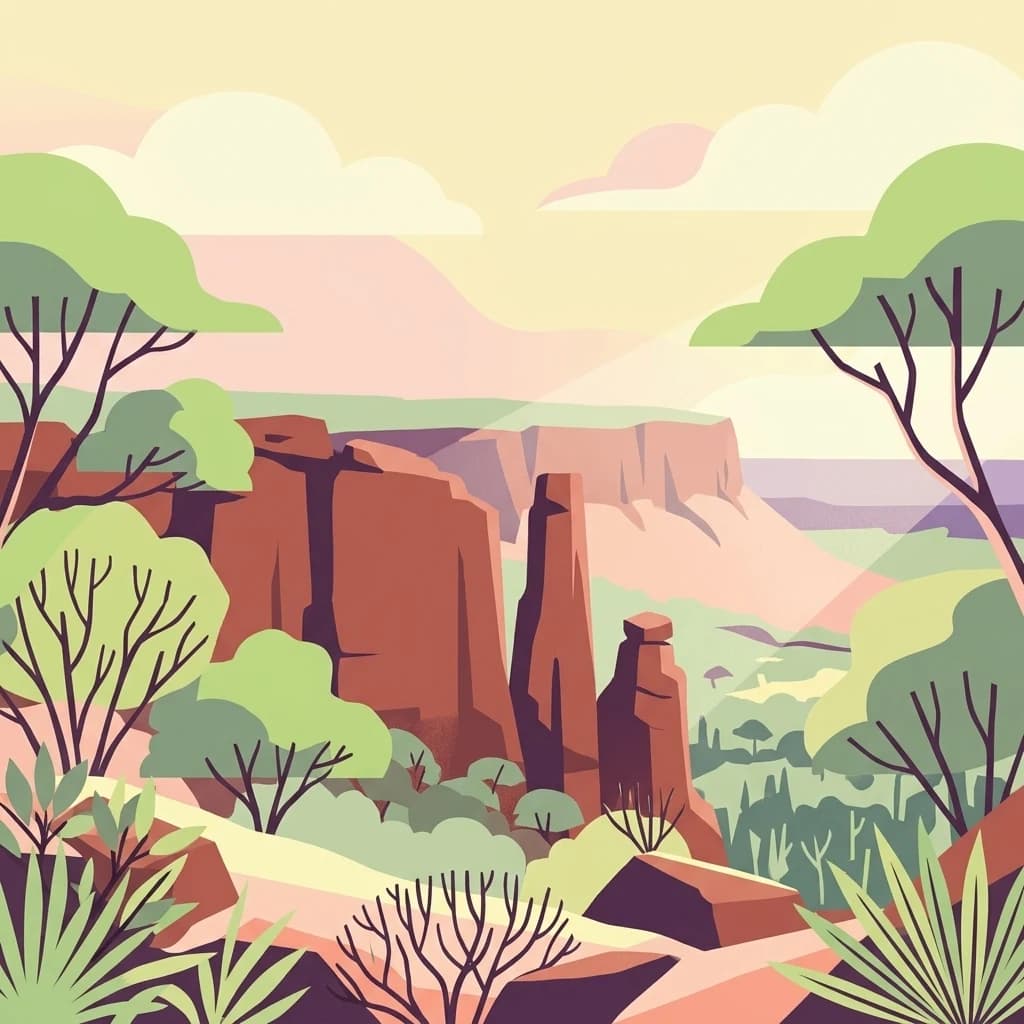 Ilustración que muestra un paisaje de meseta con formaciones rocosas, árboles y vegetación típicos del Parque de la Meseta de Waterberg