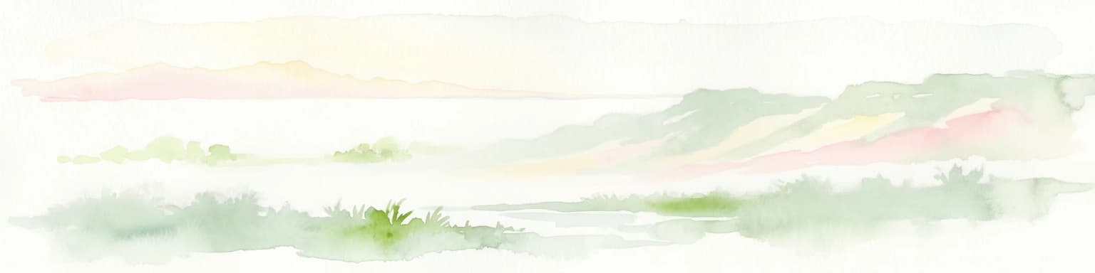 Watercolor illustration of a landscape with soft green and pink hues showing rolling hills and a pale sky