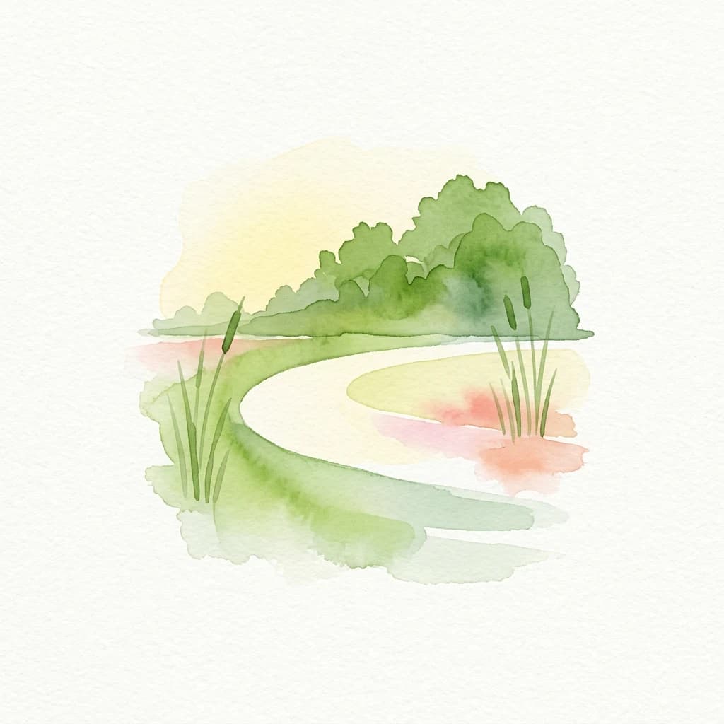 Watercolor illustration showing a winding path through a wetland with reeds, trees, and a soft yellow sky