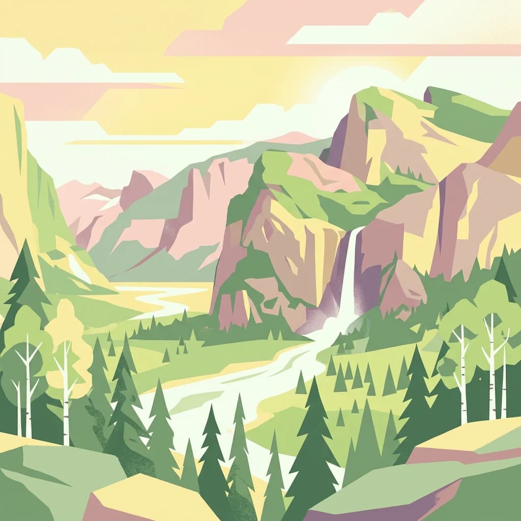 Stylized illustration of a mountainous landscape with a waterfall, river, coniferous and deciduous forests, and rocky hills under a pastel sky