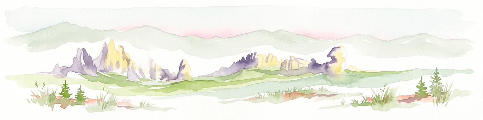A wide, panoramic watercolor illustration showing a mountain range with purple and yellow hues in the background, a green grassy meadow in the middle ground, and small pine trees and wildflowers in the foreground against a white background.