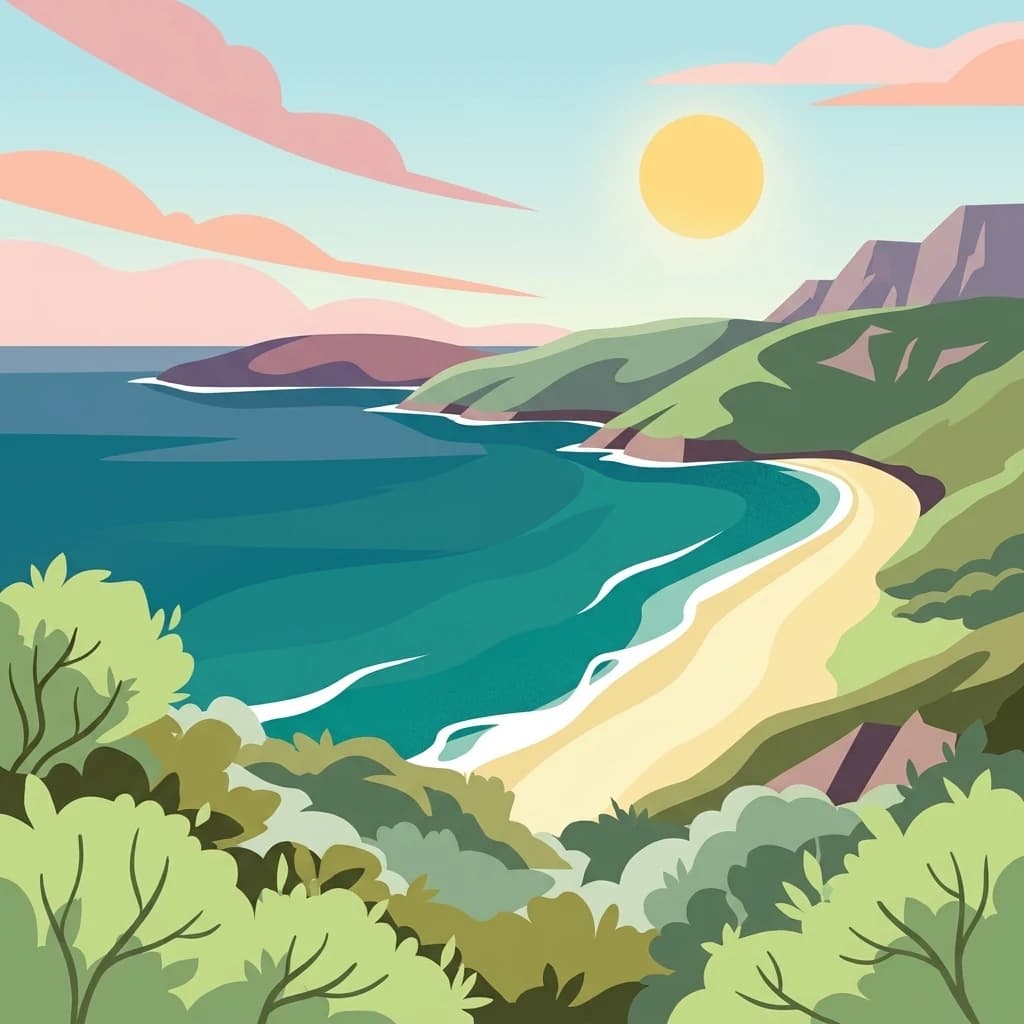 Ilustración que muestra una escena costera con playa de arena, océano azul, colinas verdes, montañas y nubes rosadas bajo un sol brillante