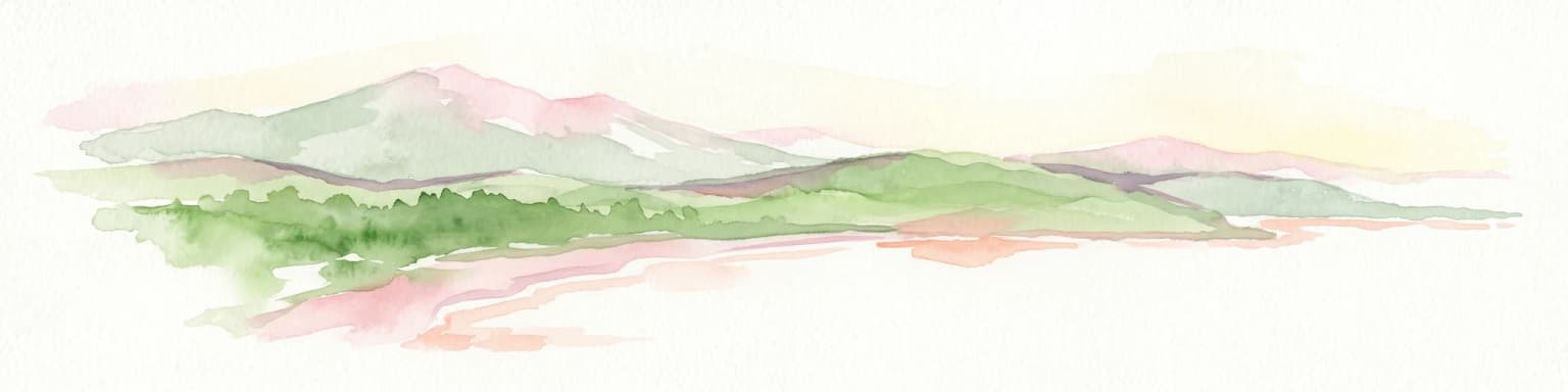Watercolor illustration of rolling hills, mountains, and a coastal body of water