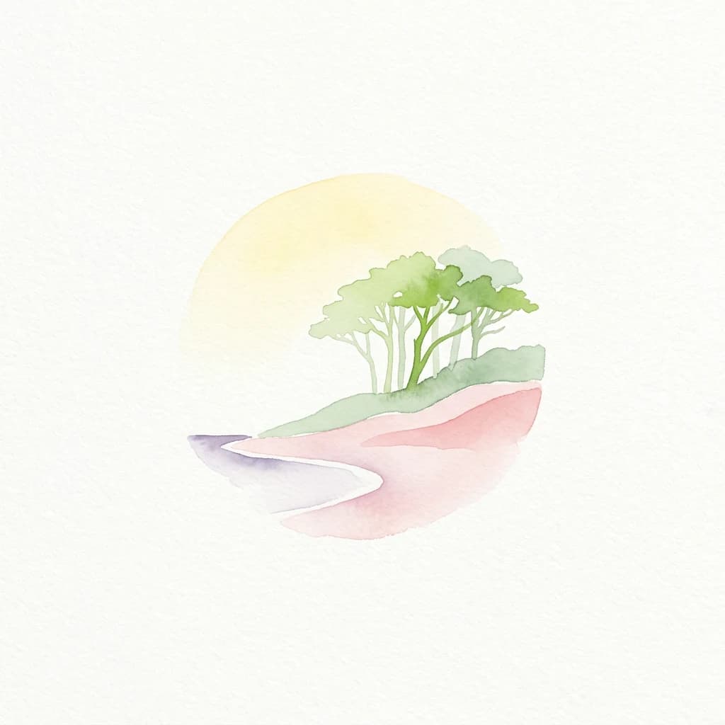Watercolor painting showing a yellow sun, green trees on a hill, and a winding path with blue water