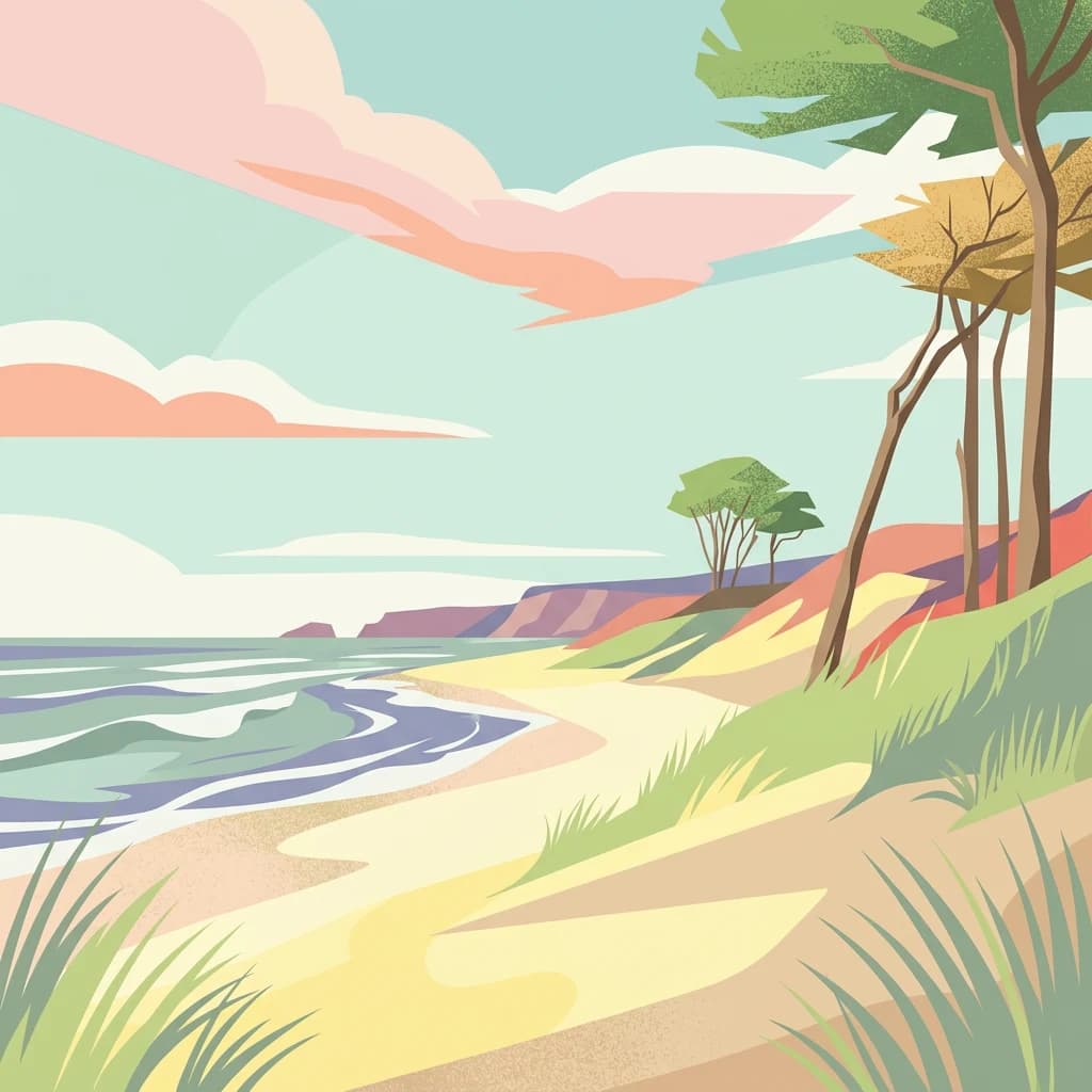 Illustration of coastal beach with sand dunes, green trees, and calm sea under partly cloudy sky