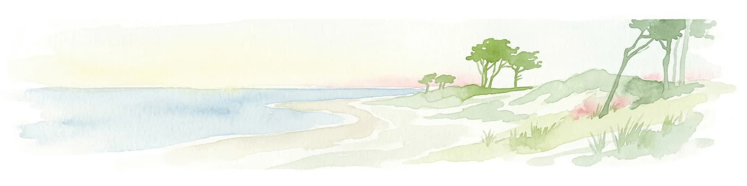 Watercolor illustration showing a coastal lagoon with sandy shoreline, calm water, sand dunes, and sparse vegetation including trees and grasses