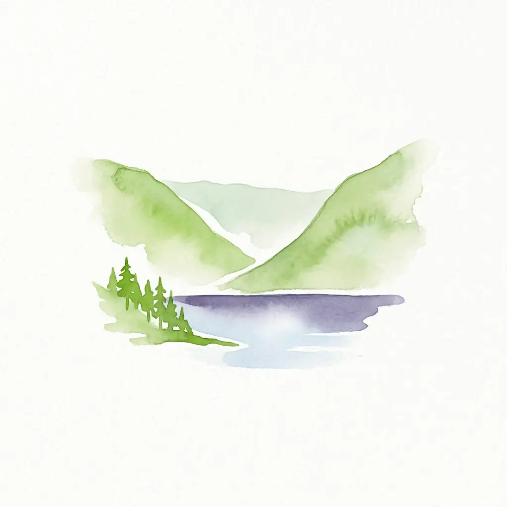 Watercolor painting of green mountains, a purple lake, and pine trees