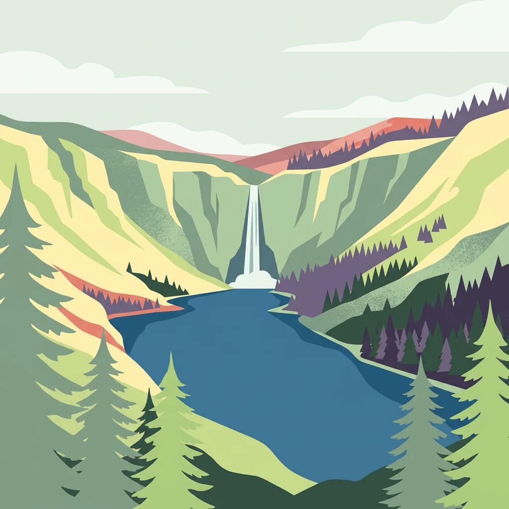 Stylized illustration of a waterfall in a valley between green mountains, with a blue lake and evergreen trees in the foreground
