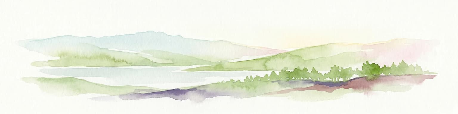 Watercolor illustration of a landscape with mountains, a lake, and trees