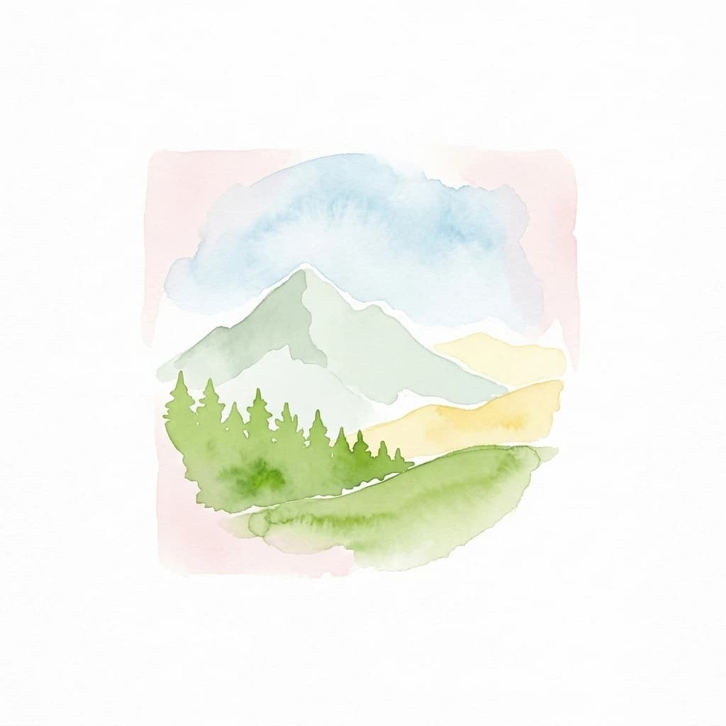 Watercolor painting of a mountain landscape with green forest and rolling hills