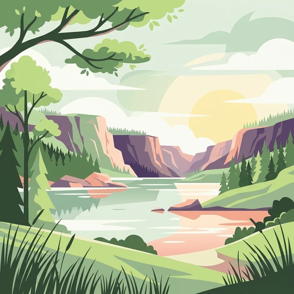 Stylized landscape illustration of a lake, rocky cliffs, trees, and sunset sky