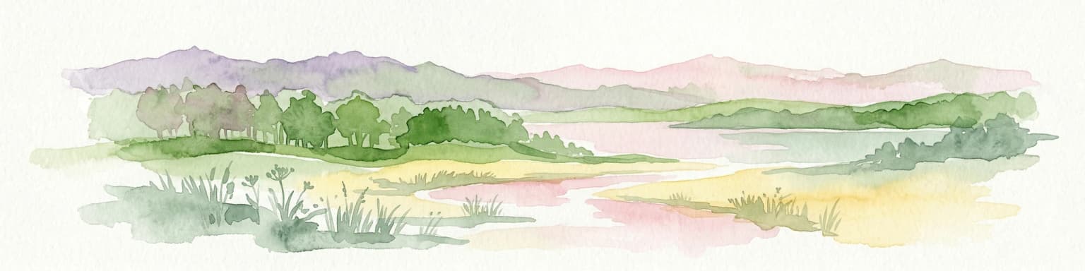 Watercolor painting of a landscape with hills, a lake, and forested areas