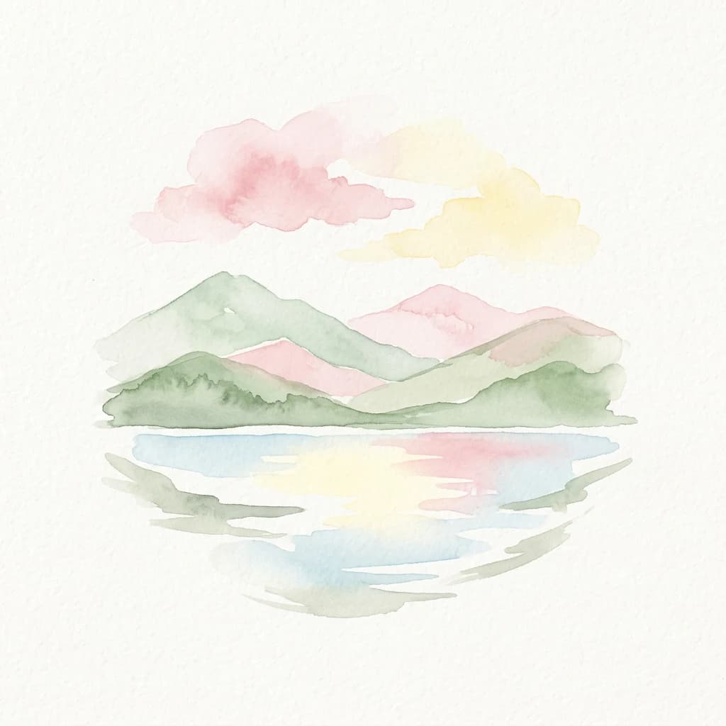 Watercolor illustration of mountains, lake, and clouds