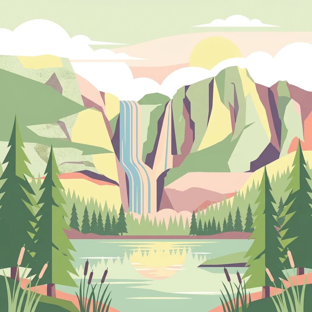 Illustrated scene of a waterfall cascading into a lake surrounded by pine trees and mountains under a partly cloudy sky