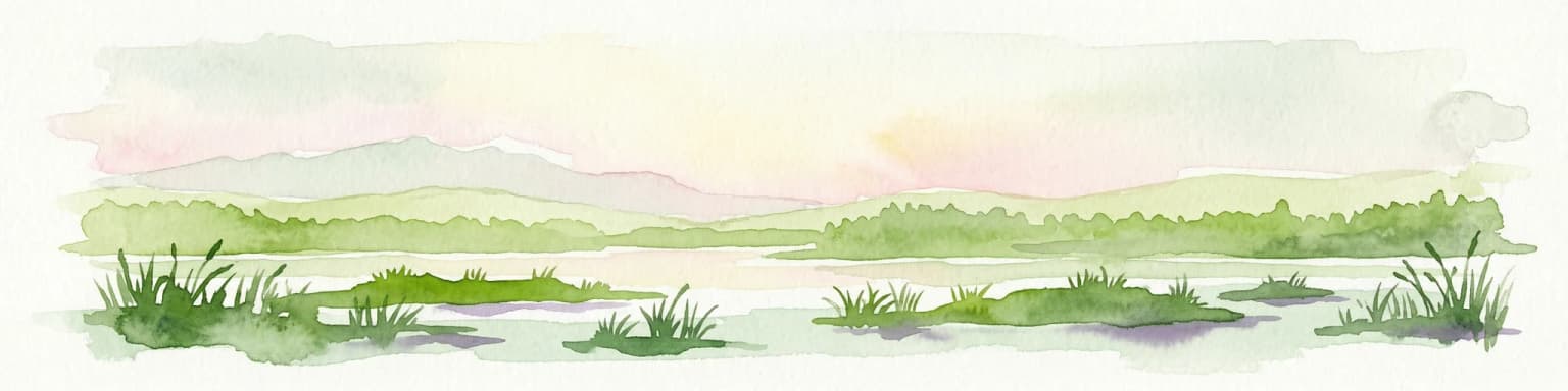 Watercolor illustration showing lakes, green vegetation, and hills in the background