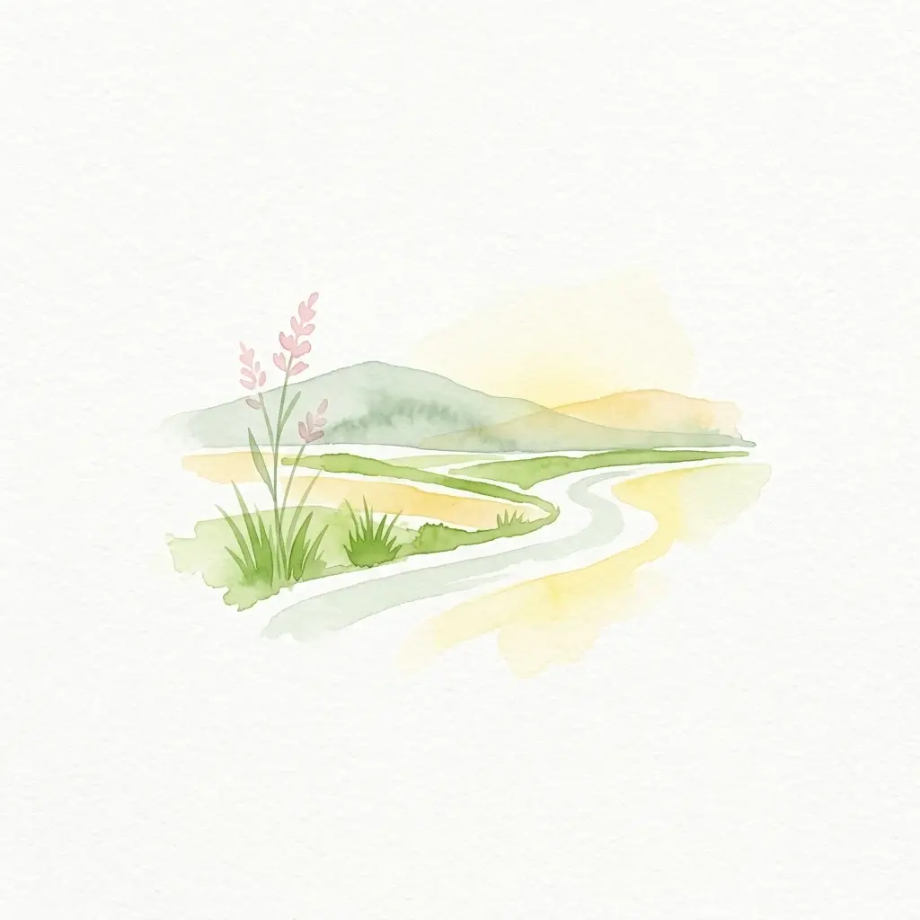 Watercolor painting showing a winding path through a bog landscape with green vegetation, pink flowers, and distant mountains under a yellow sky.
