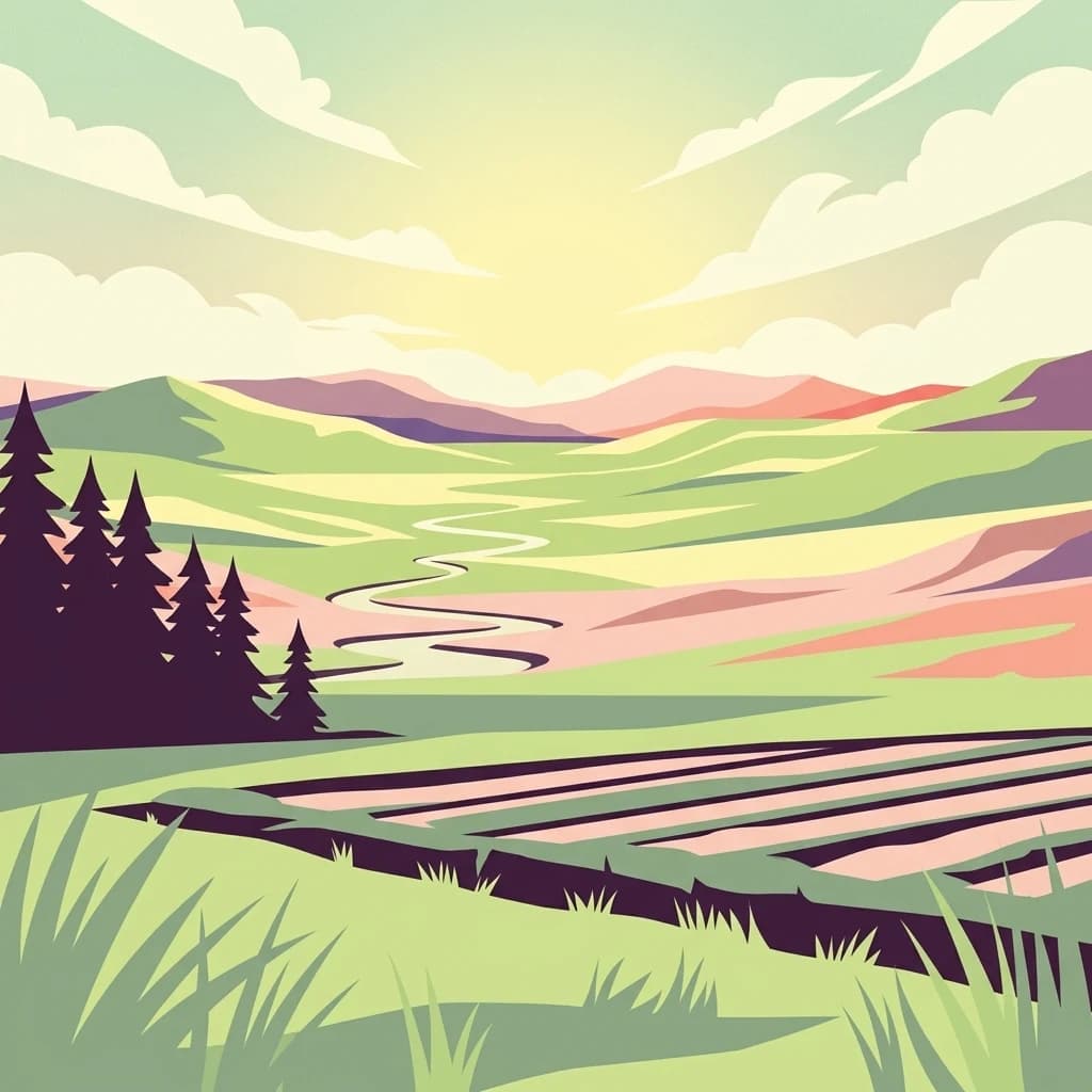 Stylized illustration showing rolling green fields, distant mountains, and a cluster of pine trees on the left under a sky with light clouds