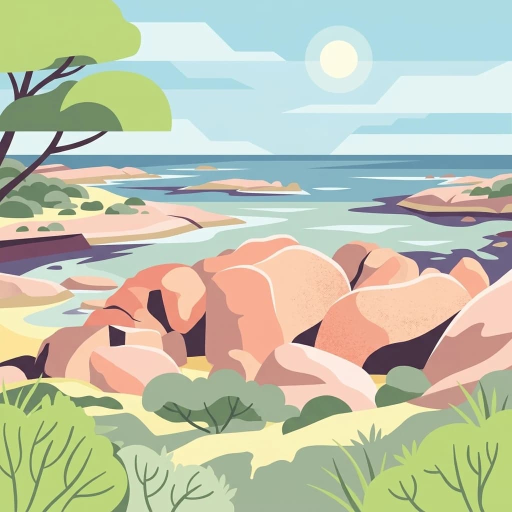 Illustration of large coastal boulders, ocean, and vegetation under a bright sun