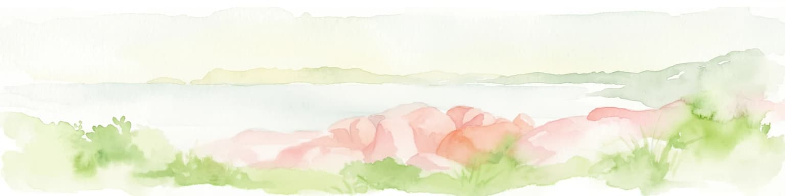 Ilustración en acuarela de un paisaje costero con vegetación verde, formaciones rocosas rosadas y una masa de agua tranquila