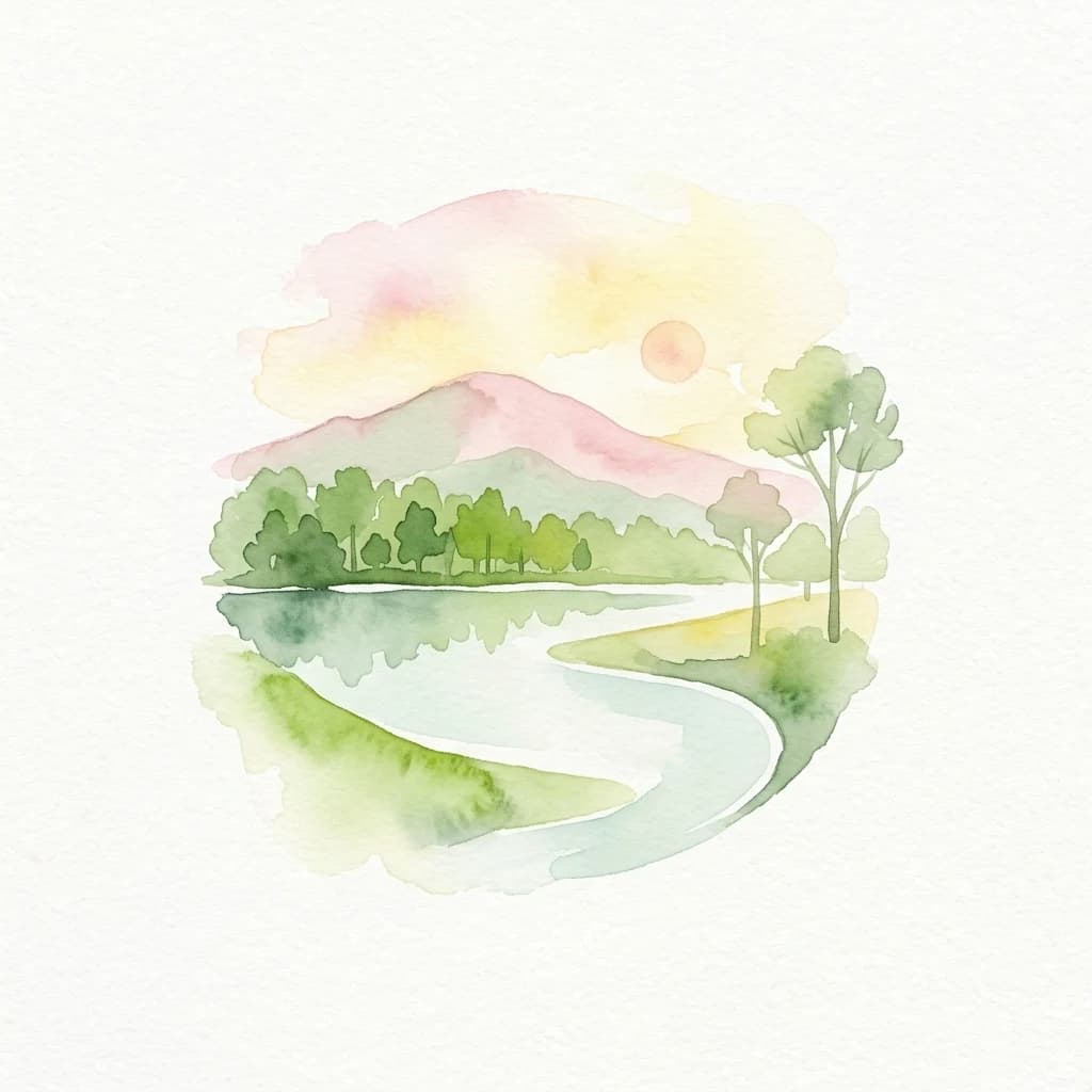 Watercolor illustration of a river flowing through a forested area with a mountain in the background and a sunset sky