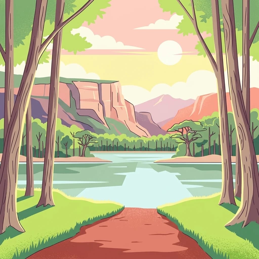 Sendero ilustrado entre árboles altos que conduce a un lago tranquilo con acantilados y montañas al fondo