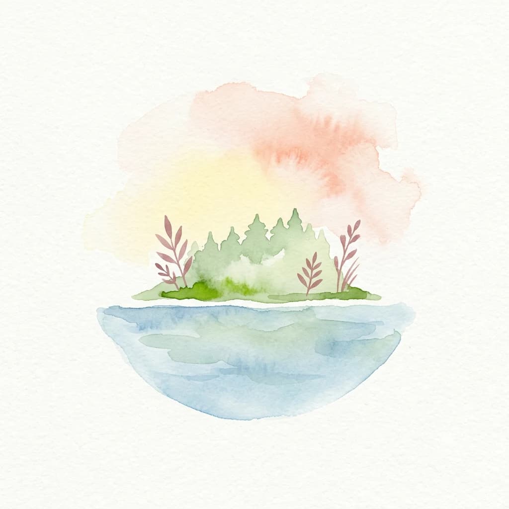 Watercolor painting showing a small island with green trees and pink plants reflected in calm blue water under a soft sky.