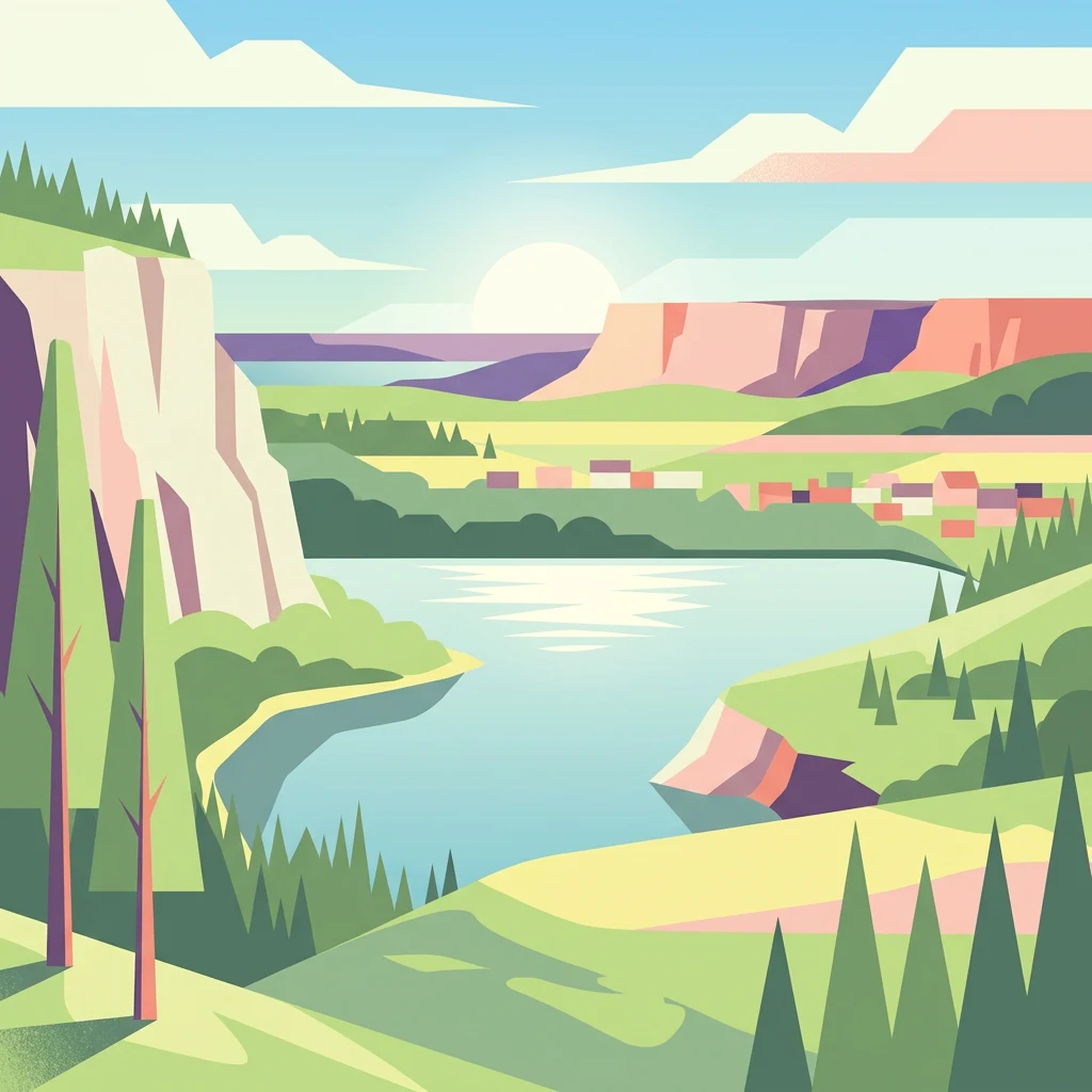 Illustrated landscape with river, cliffs, village, and green hills under a partly cloudy sky