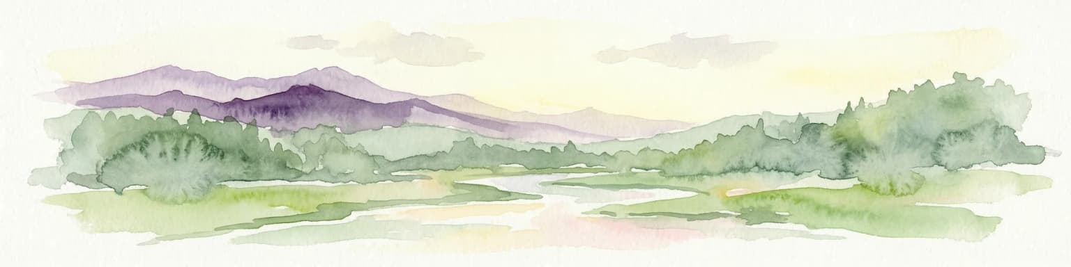 Watercolor painting depicting mountains, rivers, and green terrain