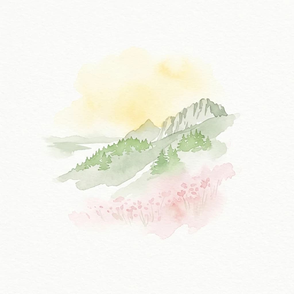 Watercolor painting of a mountain range with green forests and pink flowers under a yellow sky