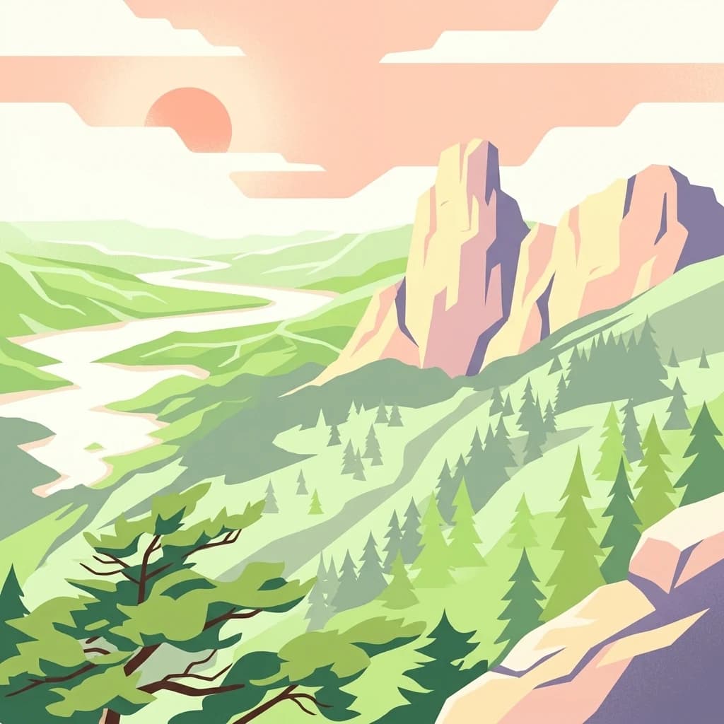 Illustration showing a mountain peak, river, and forested hills under a pink sky with a setting sun