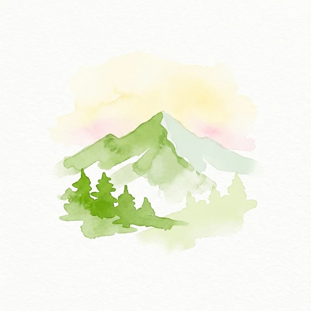 Watercolor illustration of green mountains and trees under a pastel sky