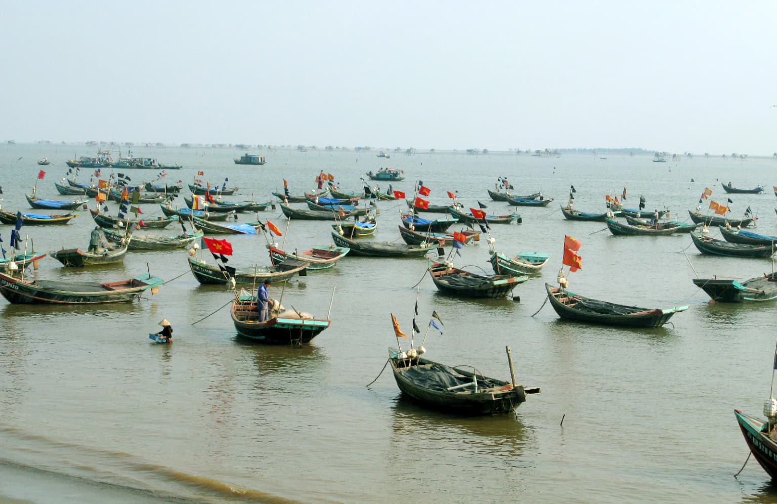 Traditional wooden fishing boats anchored in shallow water with distant horizon line
