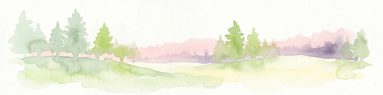Ilustración acuarela de un paisaje de humedal con árboles verdes y un cielo pálido