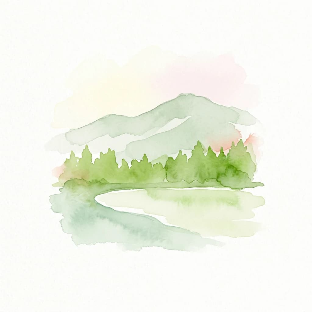 Watercolor painting showing a lake with a forested shoreline and mountains in the background