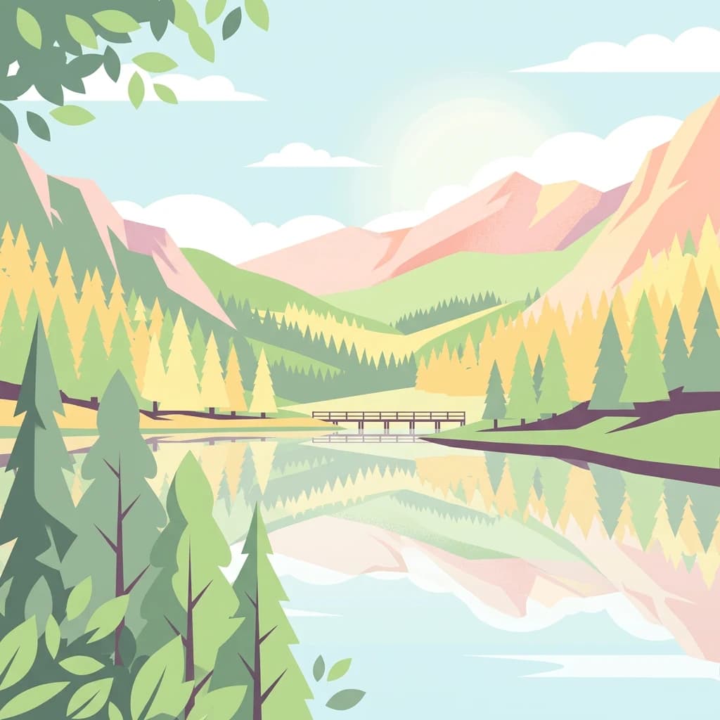 Stylized illustration of a lake reflecting mountains and forested hills with a bridge across the water