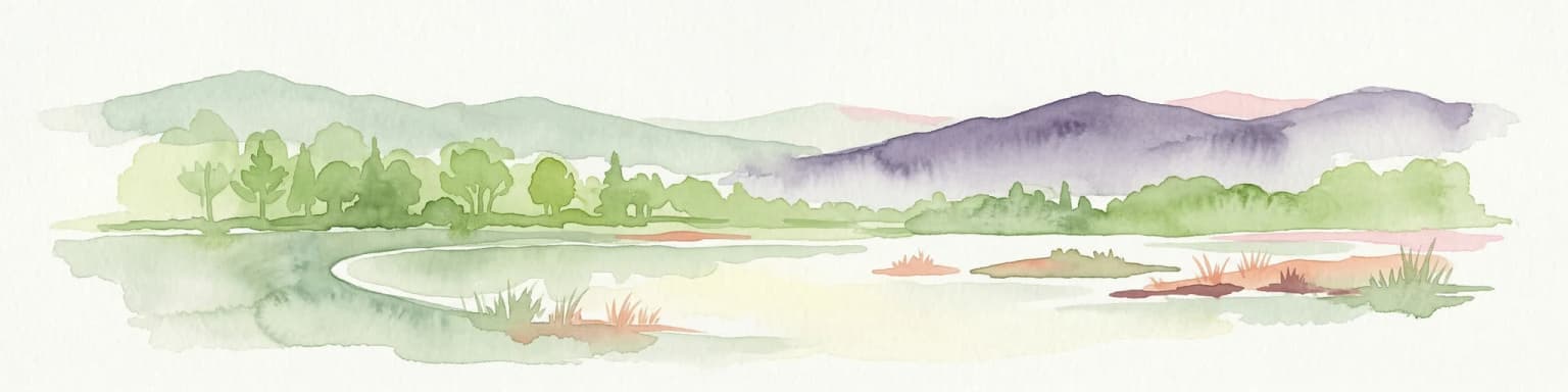 Watercolor painting showing multiple lakes surrounded by green trees and mountains under a light sky